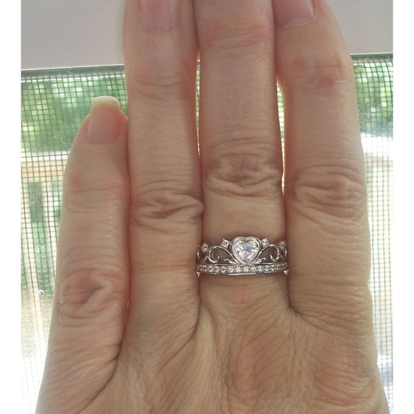 925 STERLING SILVER Heart Crown Tiara Cubic Zirconia Ring - Picture 12 of 16